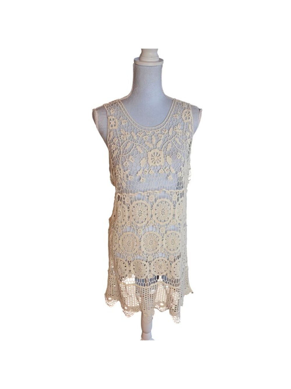 Cream Crochet Lace Mini Dress Sleeveless Boho Cottagecore Coquette Festival Sz M